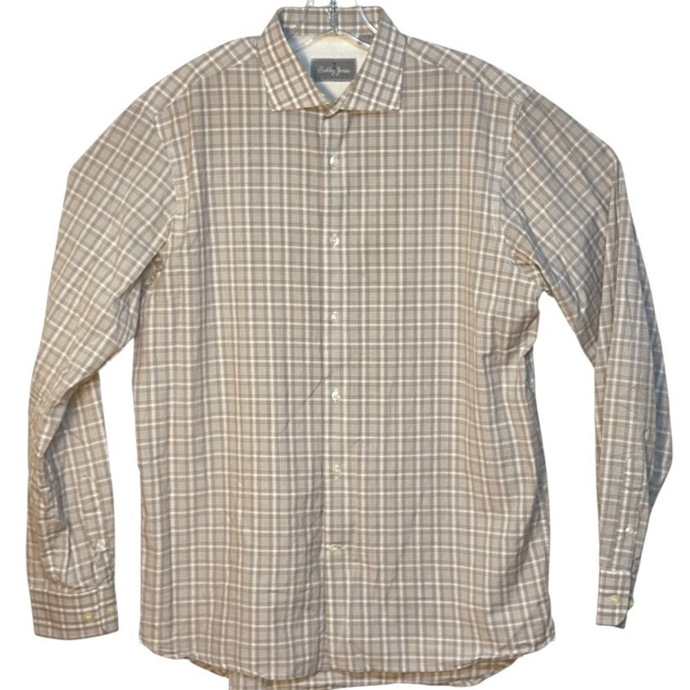 Bobby Jones‎ Button Down Shirt Plaid Long Sleeve Dress Shirt Tan White Size L